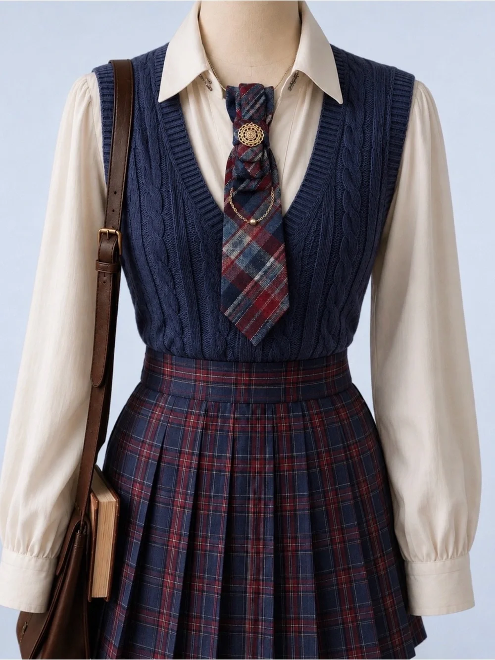 Upcycled Wool Blend Vintage Plaid Tartan Necktie Necklace Brooch Academia Preppy